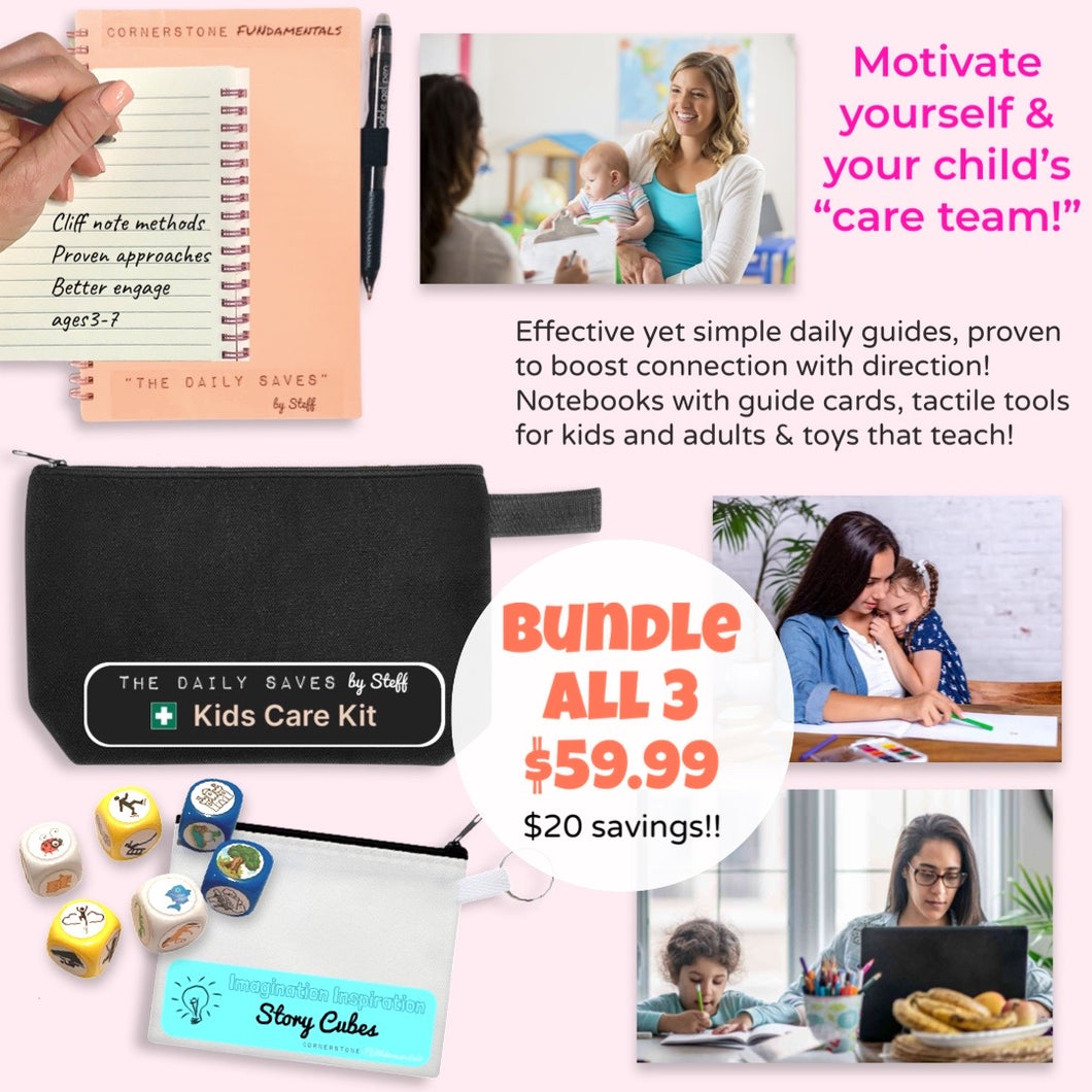 Daily Saves Parent Notebook, Kids Care Kit Go Bag & Bedtime Story Cubes | Extra Care Bundle of 3