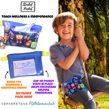 Load image into Gallery viewer, Clip on waist bag filled w/ essentials & toys for kids, toddlers and children | Blue Robot Stocket Pocket