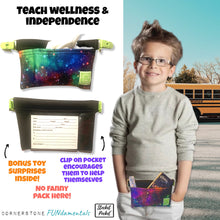 Load image into Gallery viewer, Clip on waist bag filled w/ essentials & toys for kids, toddlers and children | Black Colorful Space Galaxy Stocket Pocket