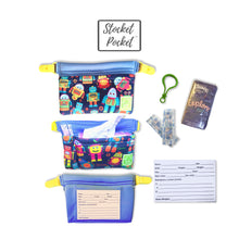 Load image into Gallery viewer, Clip on waist bag filled w/ essentials & toys for kids, toddlers and children | Blue Robot Stocket Pocket