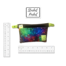 Load image into Gallery viewer, Clip on waist bag filled w/ essentials & toys for kids, toddlers and children | Black Colorful Space Galaxy Stocket Pocket