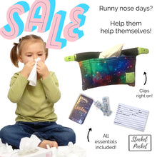 Load image into Gallery viewer, Clip on waist bag filled w/ essentials & toys for kids, toddlers and children | Black Colorful Space Galaxy Stocket Pocket