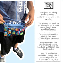 Load image into Gallery viewer, Clip on waist bag filled w/ essentials & toys for kids, toddlers and children | Blue Robot Stocket Pocket