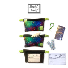 Load image into Gallery viewer, Clip on waist bag filled w/ essentials & toys for kids, toddlers and children | Black Colorful Space Galaxy Stocket Pocket