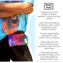 Load image into Gallery viewer, Clip on waist bag filled w/ essentials &amp; toys for kids, toddlers and children | Black Colorful Space Galaxy Stocket Pocket
