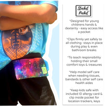 Load image into Gallery viewer, Clip on waist bag filled w/ essentials & toys for kids, toddlers and children | Black Colorful Space Galaxy Stocket Pocket
